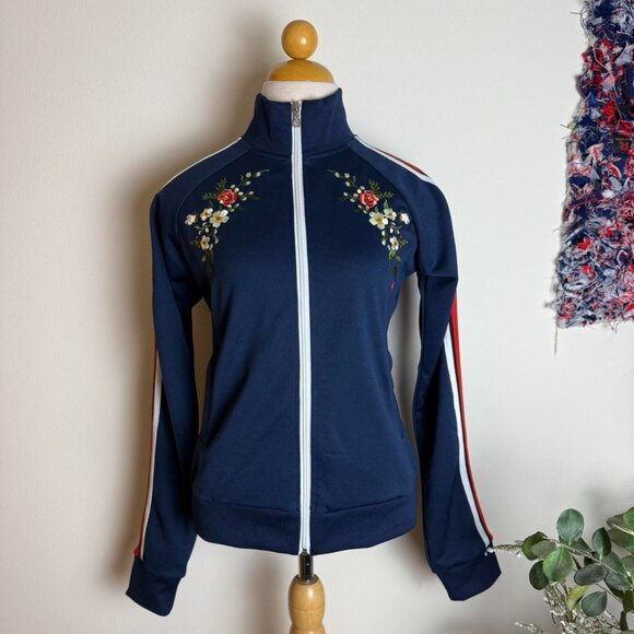 Southpole Jackets & Blazers - Navy blue floral zip up track jacket with red and white striped sleeves